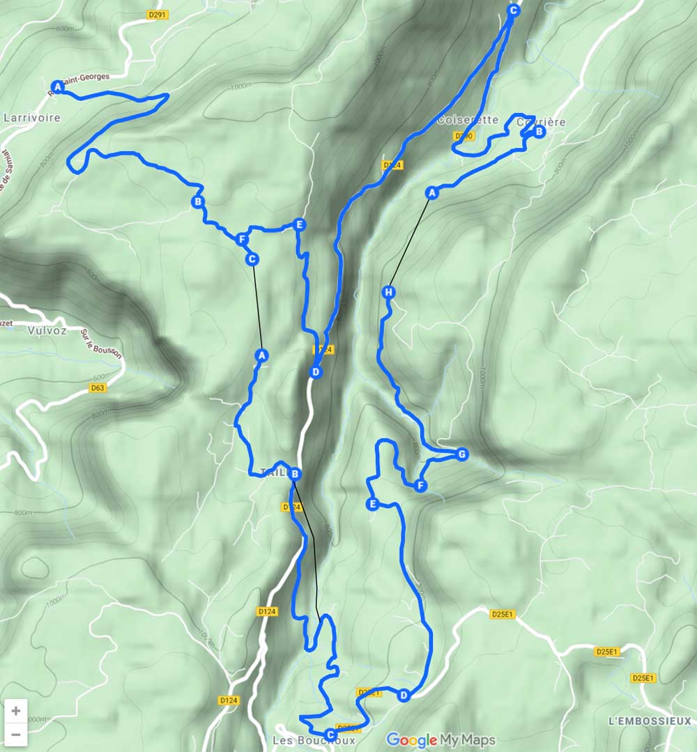 Carte du circuit VTT Larrivoire - Les Bouchoux - Coyrière - Coiserette - Larrivoire