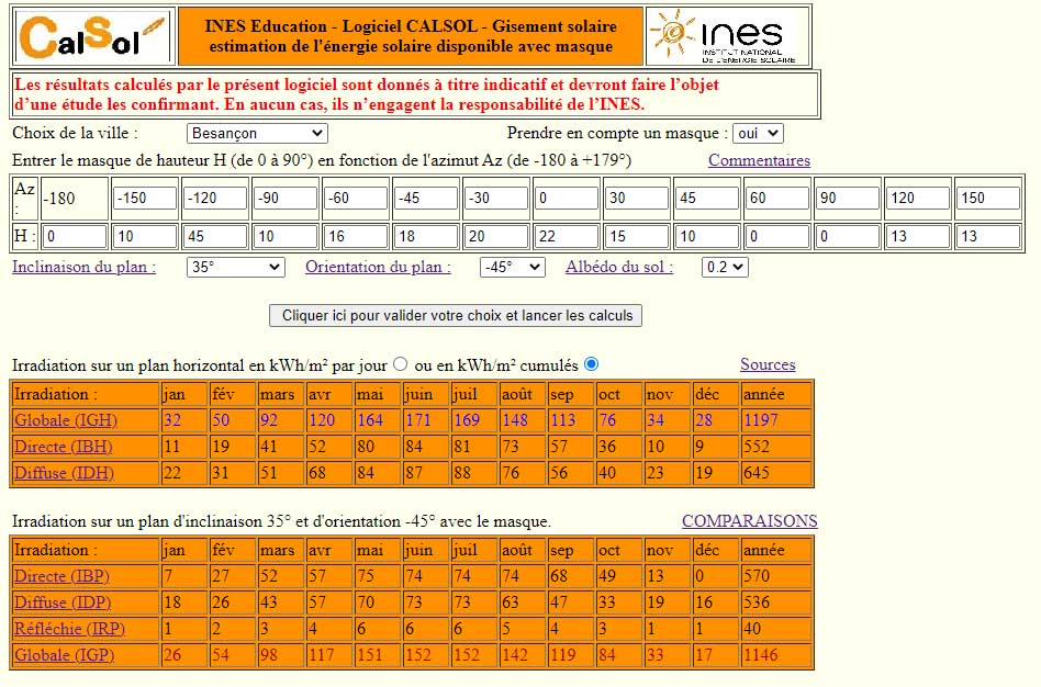 Logiciel Calsol calculateur de gisement solaire pour le photovoltaïque<br>Avec masque pour prise en compte de l'ombrage