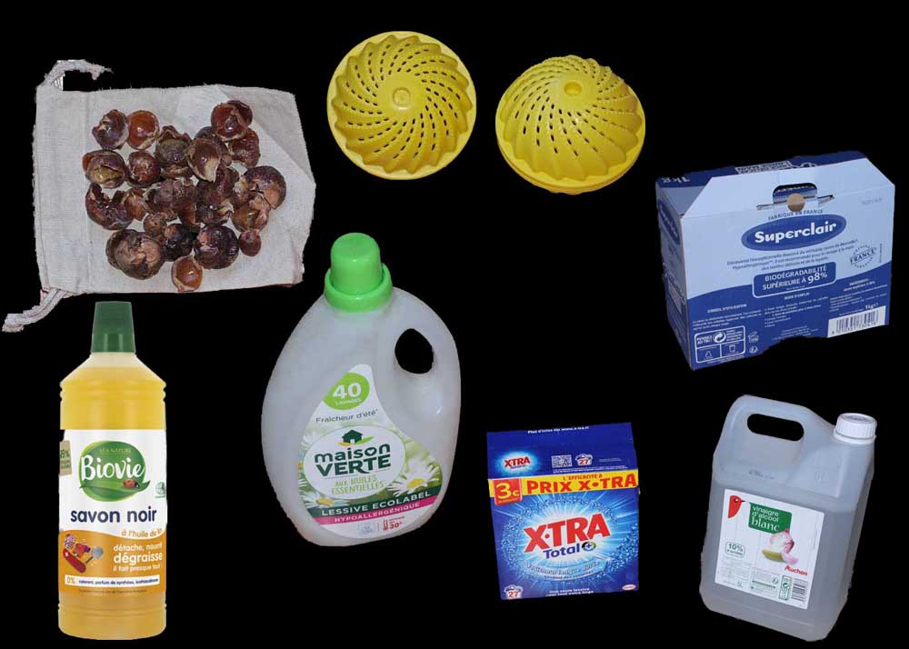 Test de lavage avec des alternatives aux lessives industrielles :<br>Noix de lavage, boules de céramiques, savon noir, Lessive industrielle sans phosphate, lessive industrielle avec phosphates.