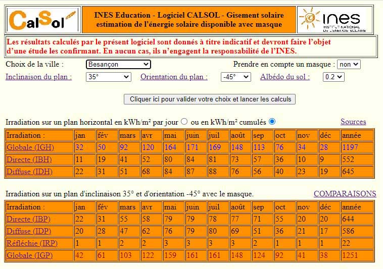 Logiciel Calsol calculateur de gisement solaire pour le photovoltaïque<br>Sans masque